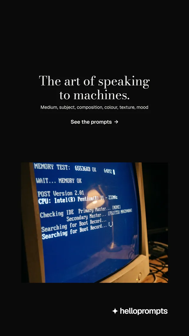 Instagram story for HelloPrompts: "The art of speaking to machines." Minimal luxury style, centred layout, dark palette in black, blue.