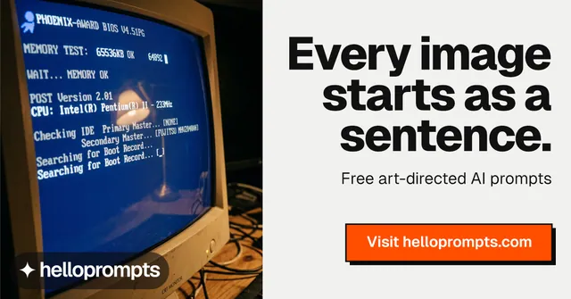 Social ad for HelloPrompts: "Every image starts as a sentence." Brutalist style, right layout, light palette in blue, white, orange.
