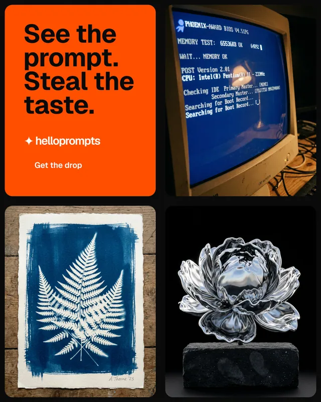 Instagram portrait post for HelloPrompts: "See the prompt. Steal the taste." Y2K style, collage layout, dark palette in black, orange, grey.