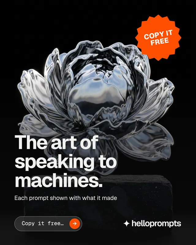 Instagram portrait post for HelloPrompts: "The art of speaking to machines." Agentic glass style, sticker layout, dark palette in black, grey.