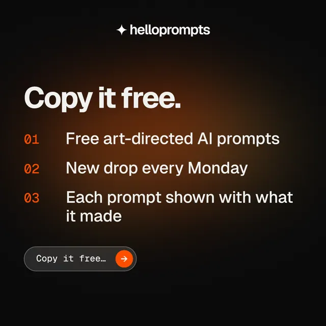 Instagram post for HelloPrompts: "Copy it free." Agentic glass style, numbered layout, dark palette in black, orange.
