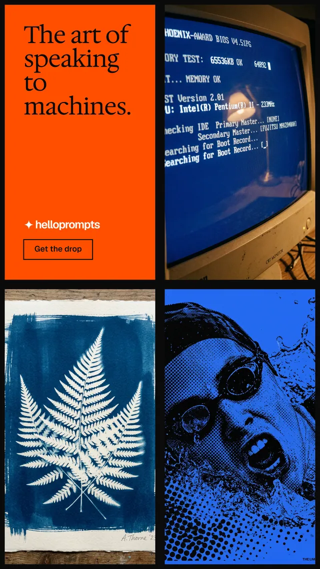 Instagram story for HelloPrompts: "The art of speaking to machines." Editorial style, collage layout, dark palette in blue, orange, black.