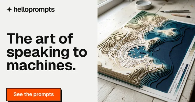 Social ad for HelloPrompts: "The art of speaking to machines." Brutalist style, bottom layout, light palette in white, grey.