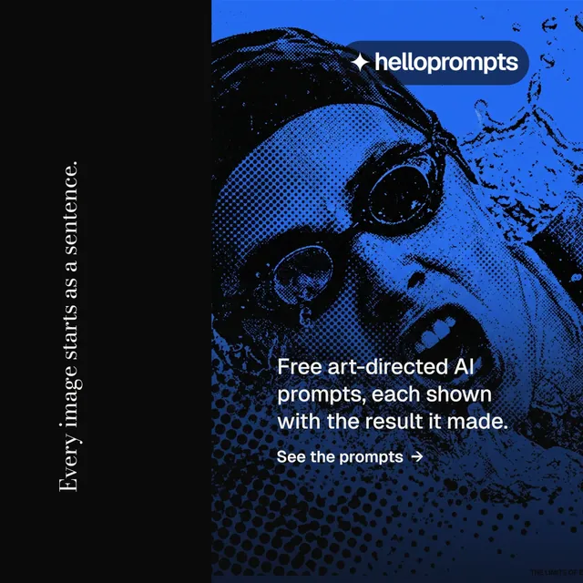 Instagram post for HelloPrompts: "Every image starts as a sentence." Minimal luxury style, vertical layout, dark palette in black, blue.