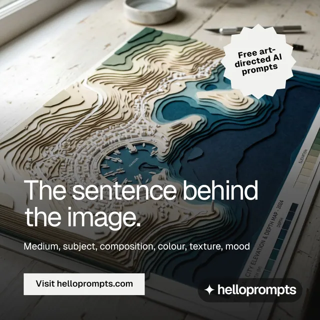Instagram post for HelloPrompts: "The sentence behind the image." Split block style, sticker layout, dark palette in grey, black, white.