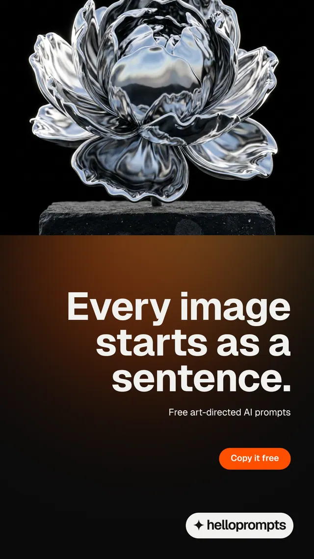 Instagram story for HelloPrompts: "Every image starts as a sentence." Y2K style, right layout, dark palette in black, grey, orange.