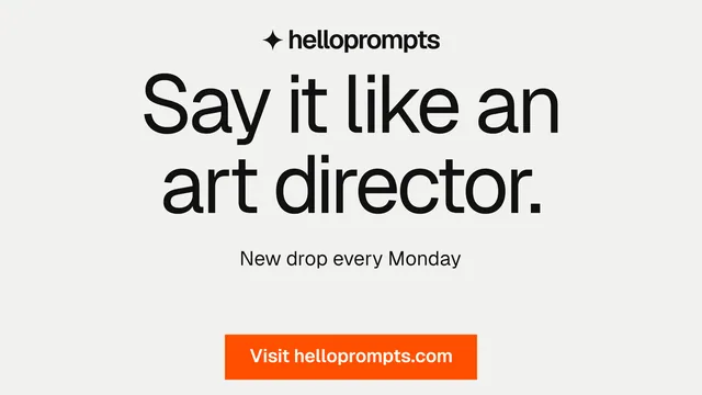Landscape graphic for HelloPrompts: "Say it like an art director." Swiss style, centred layout, light palette in white, brown, grey.