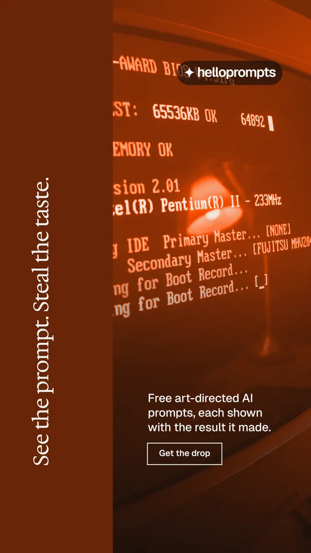 Instagram story for HelloPrompts: "See the prompt. Steal the taste." Editorial style, vertical layout, dark palette in orange, brown.