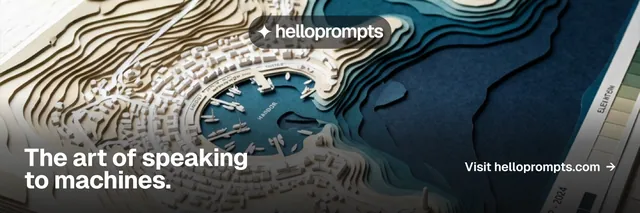 X header for HelloPrompts: "The art of speaking to machines." Brutalist style, image led layout, dark palette in black, grey, blue.