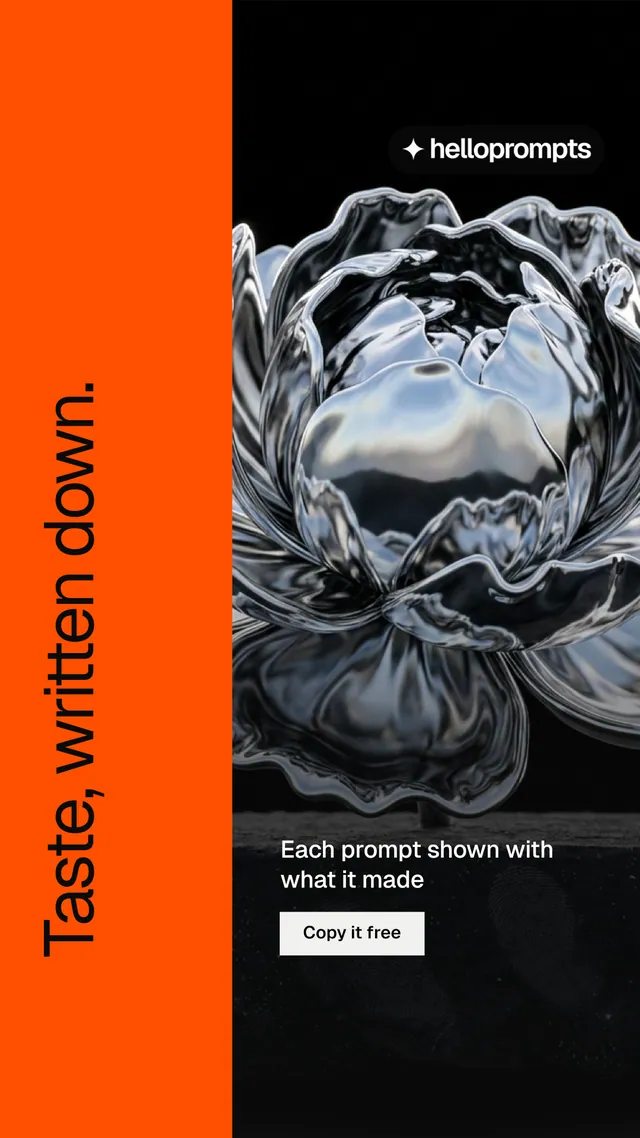 Instagram story for HelloPrompts: "Taste, written down." Split block style, vertical layout, dark palette in orange, black, grey.