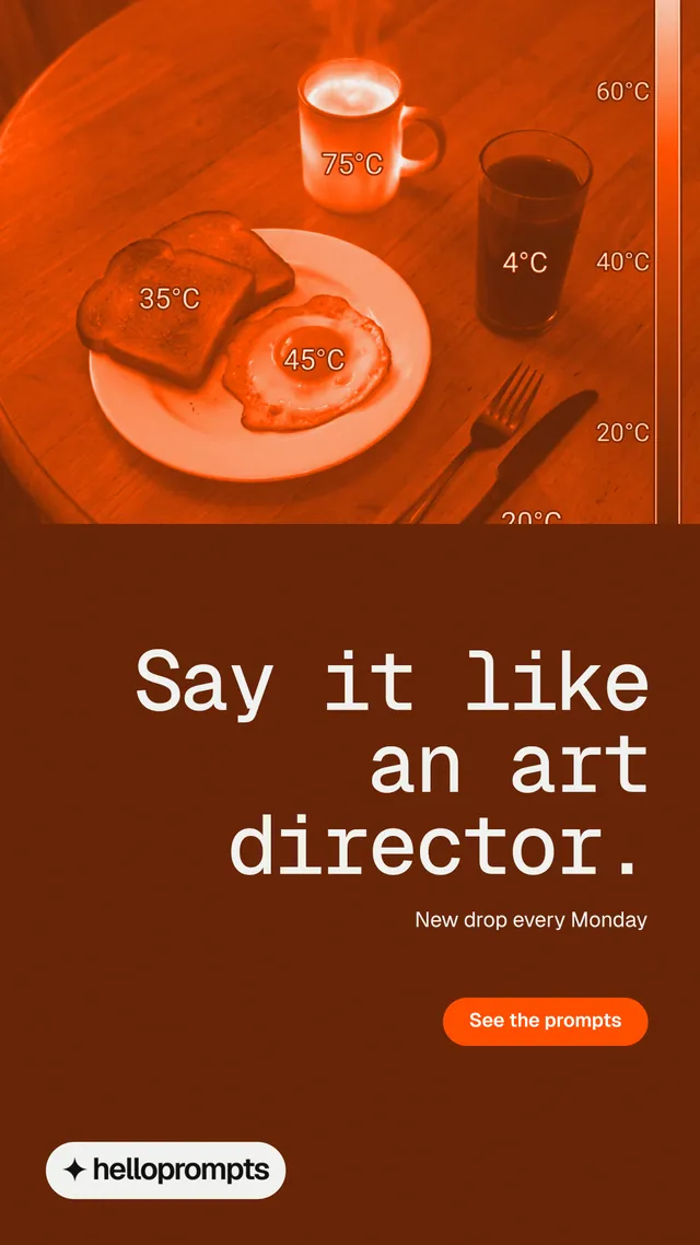 Instagram story for HelloPrompts: "Say it like an art director." Y2K style, right layout, dark palette in orange, brown.