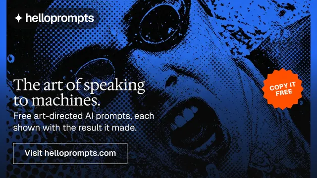 Landscape graphic for HelloPrompts: "The art of speaking to machines." Editorial style, sticker layout, dark palette in blue, black.