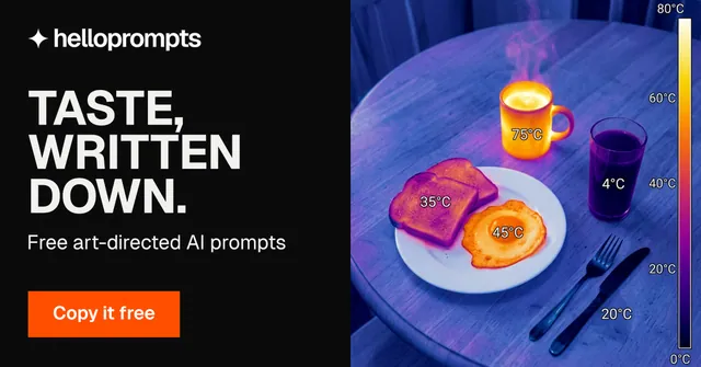 Social ad for HelloPrompts: "Taste, written down." Swiss style, bottom layout, dark palette in black, blue, grey.