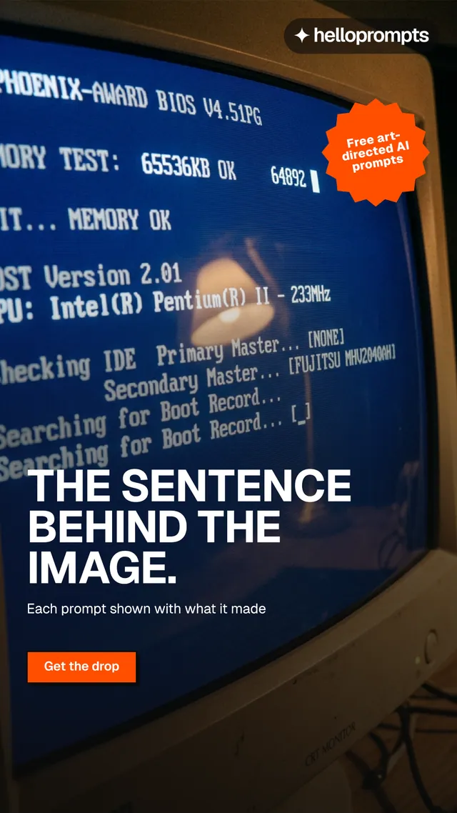 Instagram story for HelloPrompts: "The sentence behind the image." Brutalist style, sticker layout, dark palette in black, blue, grey.