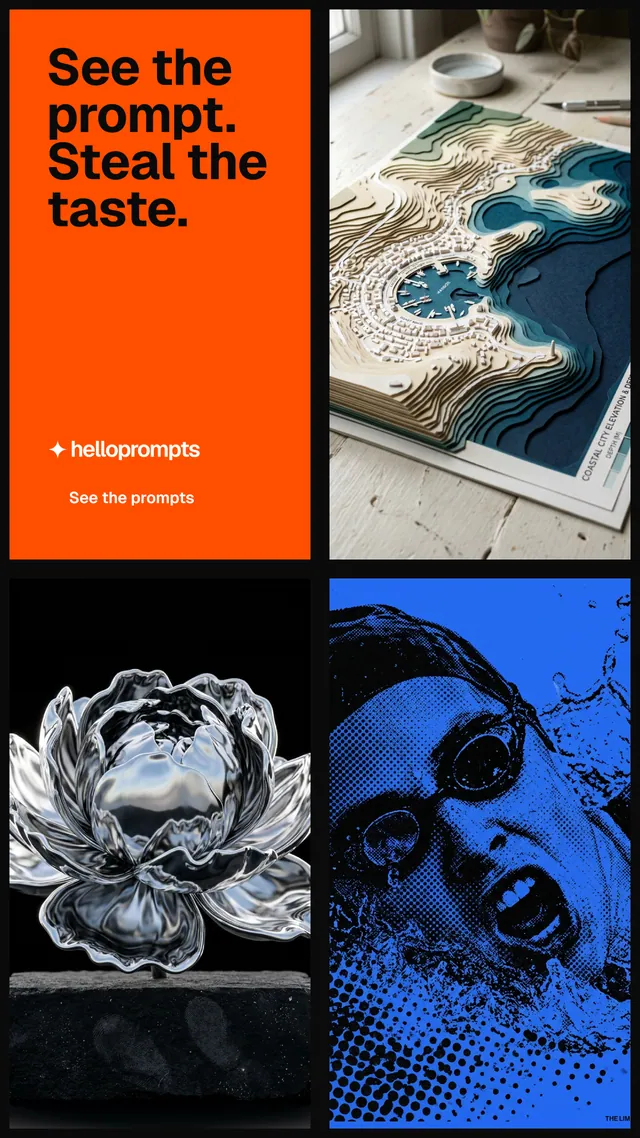 Instagram story for HelloPrompts: "See the prompt. Steal the taste." Swiss style, collage layout, dark palette in black, red, grey.