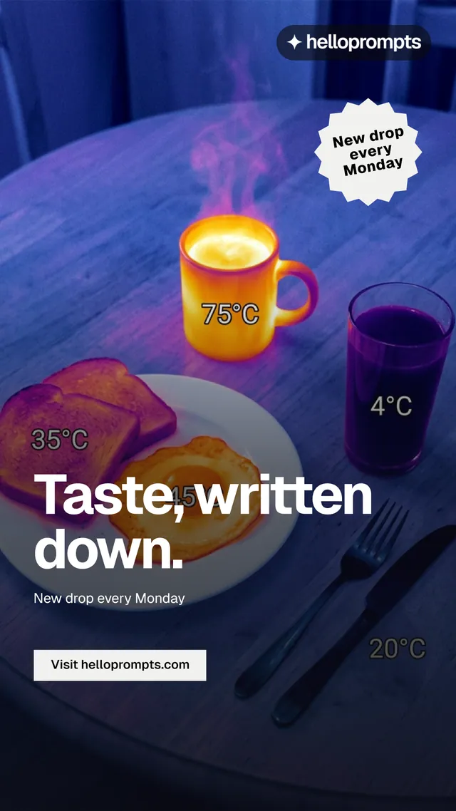 Instagram story for HelloPrompts: "Taste, written down." Split block style, sticker layout, dark palette in blue, grey, purple.