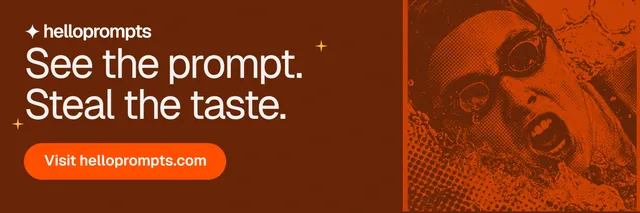 X header for HelloPrompts: "See the prompt. Steal the taste." Y2K style, skeleton layout, dark palette in orange, brown.