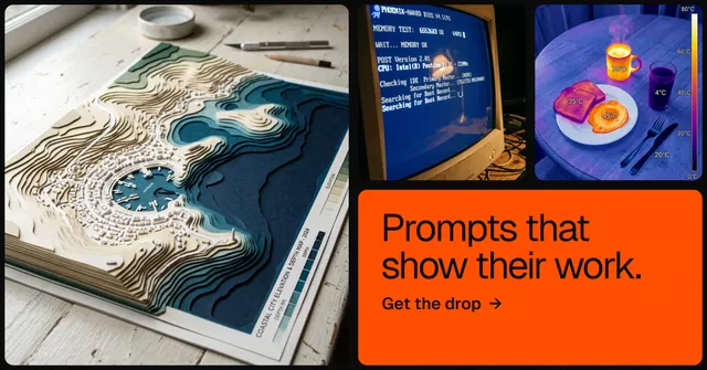 Social ad for HelloPrompts: "Prompts that show their work." Agentic glass style, collage layout, dark palette in blue, orange, grey.