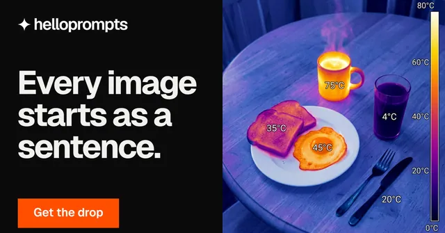 Social ad for HelloPrompts: "Every image starts as a sentence." Split block style, bottom layout, dark palette in black, blue, grey.