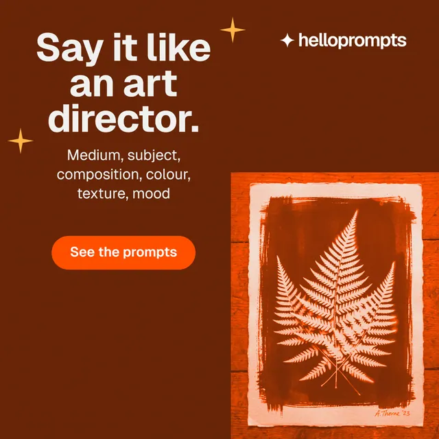 Instagram post for HelloPrompts: "Say it like an art director." Y2K style, skeleton layout, dark palette in orange, brown.