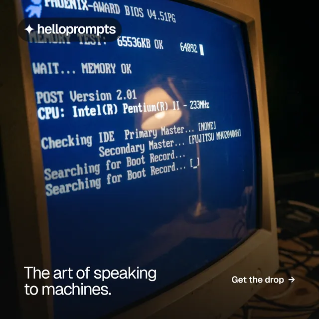 Instagram post for HelloPrompts: "The art of speaking to machines." Split block style, image led layout, dark palette in black, blue, grey.