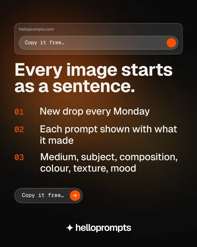 Instagram portrait post for HelloPrompts: "Every image starts as a sentence." Agentic glass style, numbered layout, dark palette in orange, black.