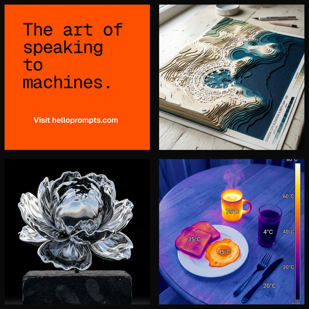 Instagram post for HelloPrompts: "The art of speaking to machines." Swiss style, collage layout, dark palette in black, red, grey.