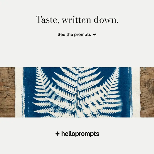 Instagram post for HelloPrompts: "Taste, written down." Minimal luxury style, skeleton layout, light palette in white, grey.