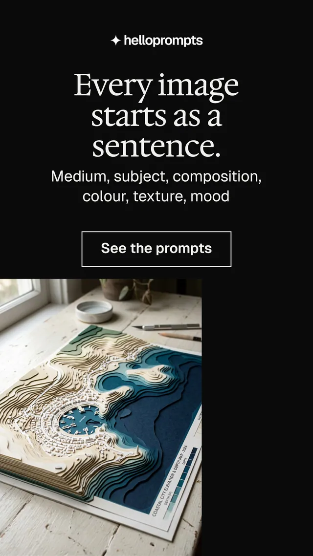 Instagram story for HelloPrompts: "Every image starts as a sentence." Editorial style, skeleton layout, dark palette in black, grey.