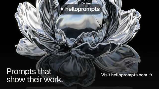 Landscape graphic for HelloPrompts: "Prompts that show their work." Split block style, image led layout, dark palette in black, grey.