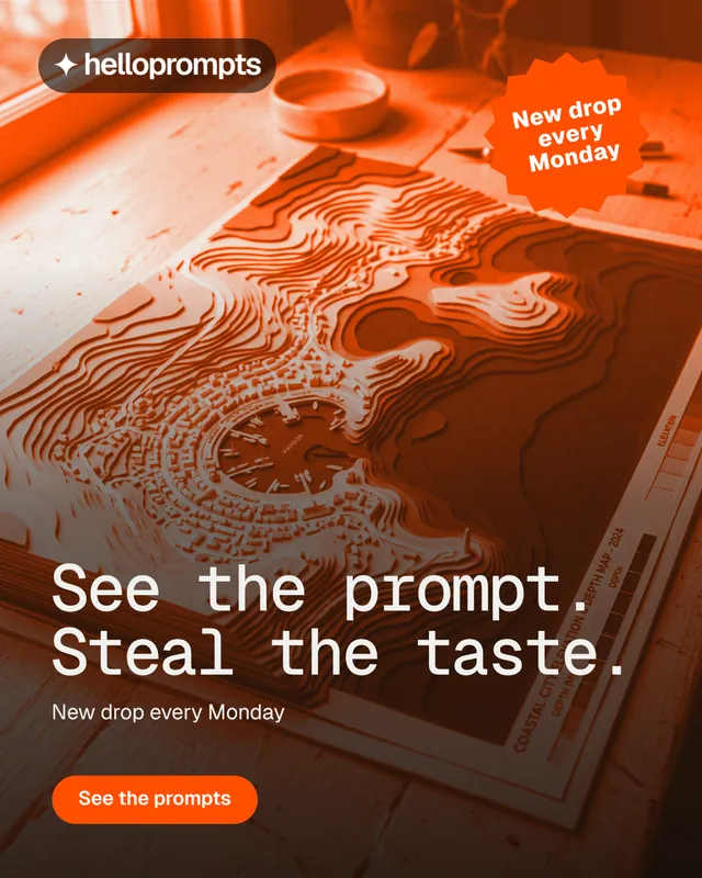 Instagram portrait post for HelloPrompts: "See the prompt. Steal the taste." Y2K style, sticker layout, dark palette in orange, brown.