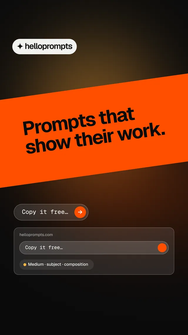 Instagram story for HelloPrompts: "Prompts that show their work." Agentic glass style, diagonal layout, dark palette in black, orange.
