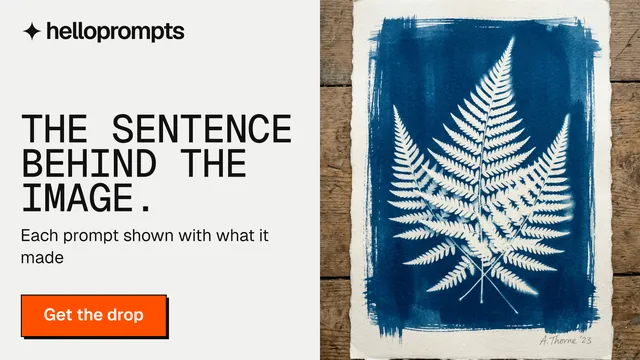 Landscape graphic for HelloPrompts: "The sentence behind the image." Brutalist style, bottom layout, light palette in white, grey, blue.