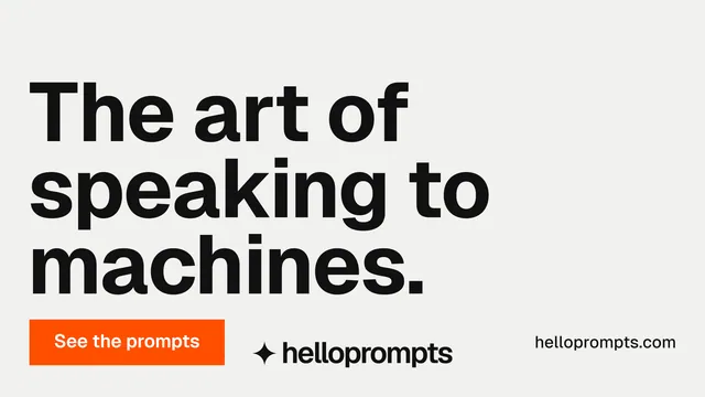 Landscape graphic for HelloPrompts: "The art of speaking to machines." Swiss style, poster layout, light palette in white, grey.