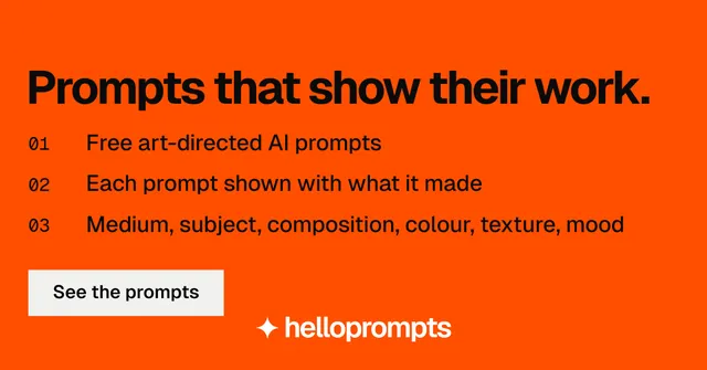 Social ad for HelloPrompts: "Prompts that show their work." Swiss style, numbered layout, dark palette in orange.