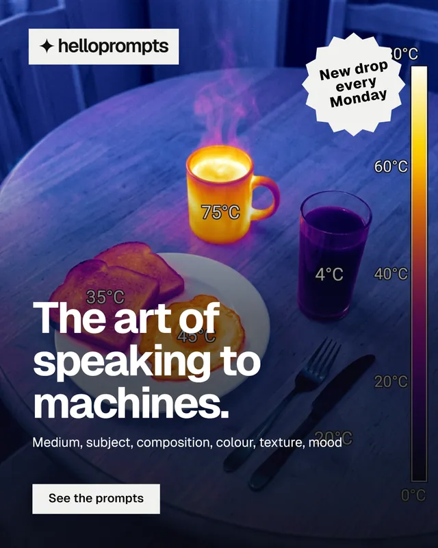 Instagram portrait post for HelloPrompts: "The art of speaking to machines." Split block style, sticker layout, dark palette in blue, grey, purple.