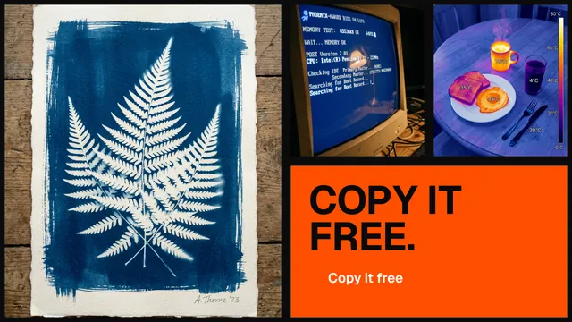 Landscape graphic for HelloPrompts: "Copy it free." Swiss style, collage layout, dark palette in blue, red, grey.