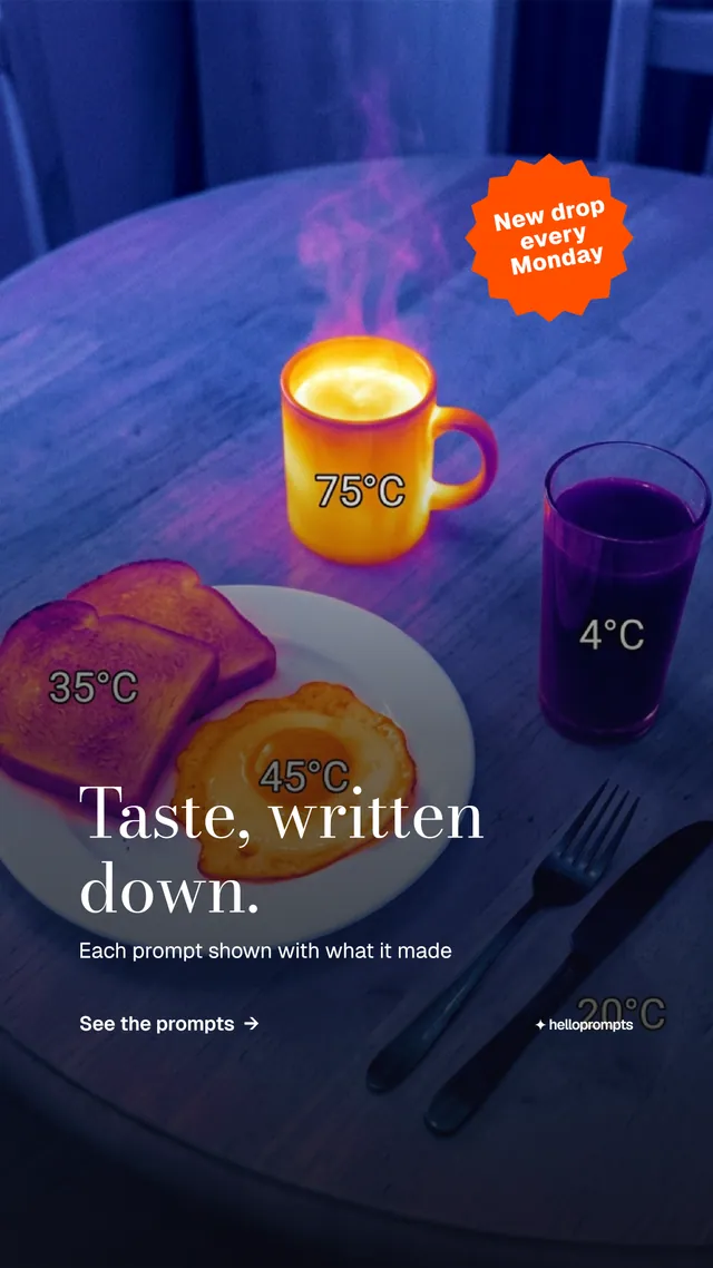 Instagram story for HelloPrompts: "Taste, written down." Minimal luxury style, sticker layout, dark palette in grey, blue, purple.