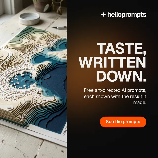 Instagram post for HelloPrompts: "Taste, written down." Y2K style, right layout, dark palette in grey, black, orange.
