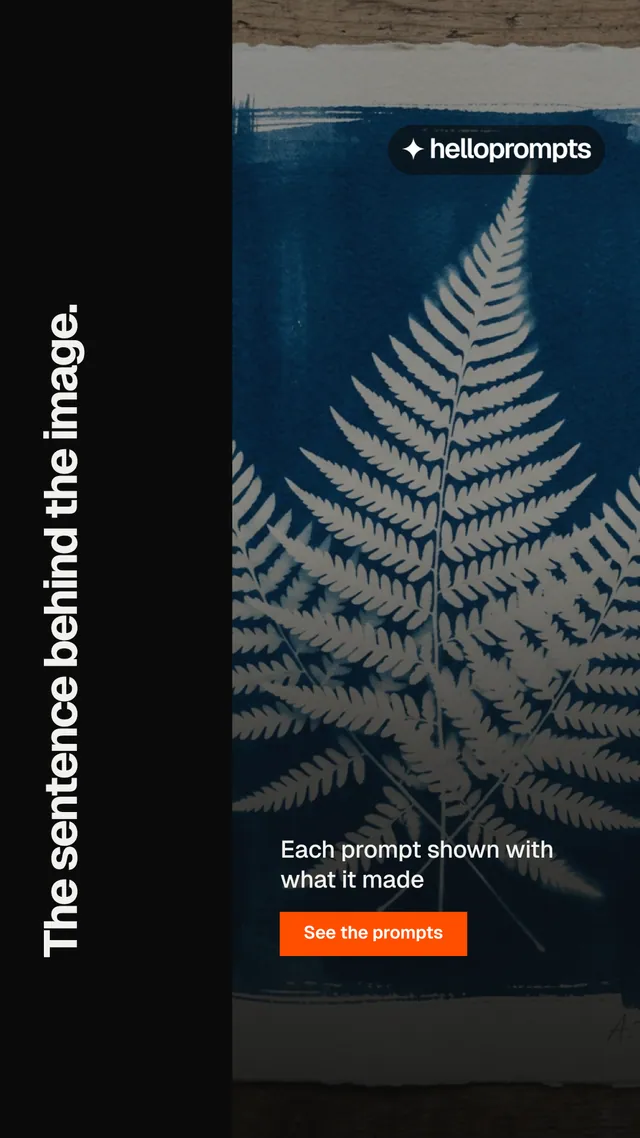 Instagram story for HelloPrompts: "The sentence behind the image." Swiss style, vertical layout, dark palette in black, blue, grey.
