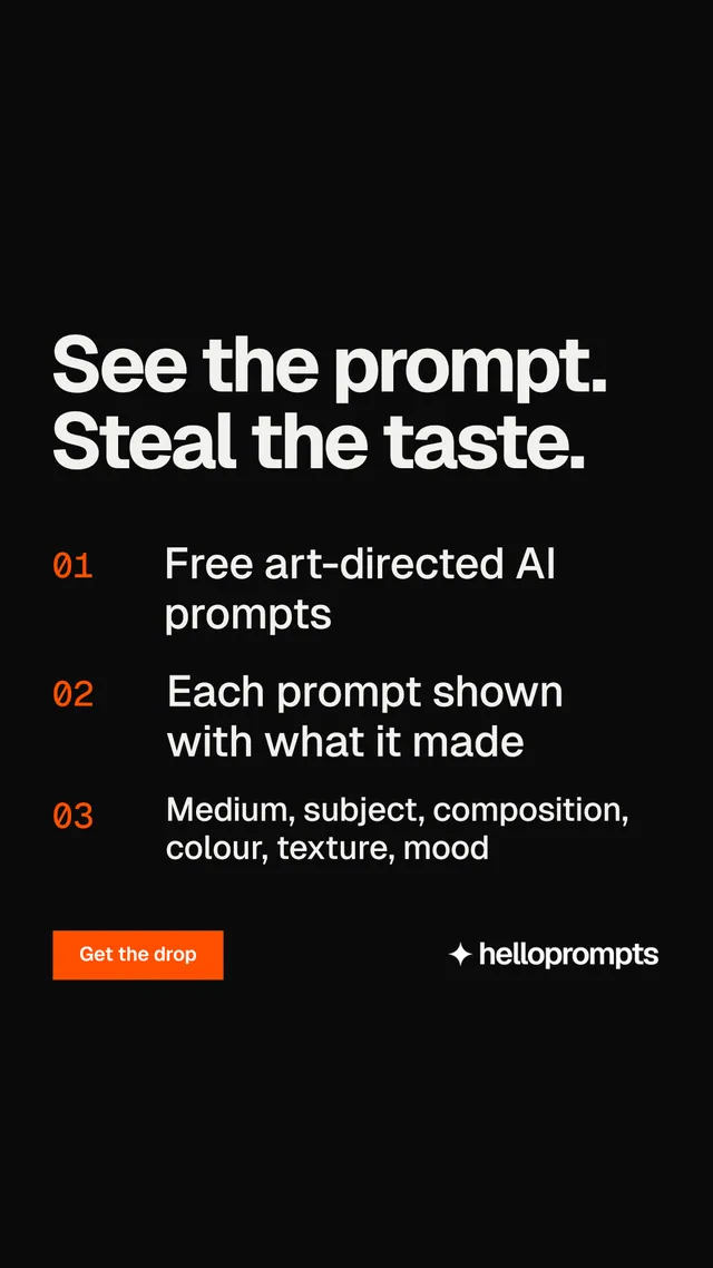 Instagram story for HelloPrompts: "See the prompt. Steal the taste." Swiss style, numbered layout, dark palette in black, grey.