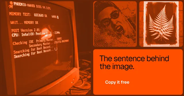 Social ad for HelloPrompts: "The sentence behind the image." Y2K style, collage layout, dark palette in orange.