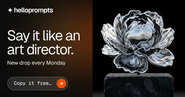 Social ad for HelloPrompts: "Say it like an art director." Agentic glass style, bottom layout, dark palette in orange, grey, black.