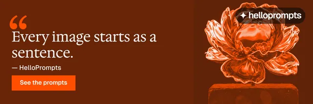 X header for HelloPrompts: "Every image starts as a sentence." Swiss style, quote layout, dark palette in orange.