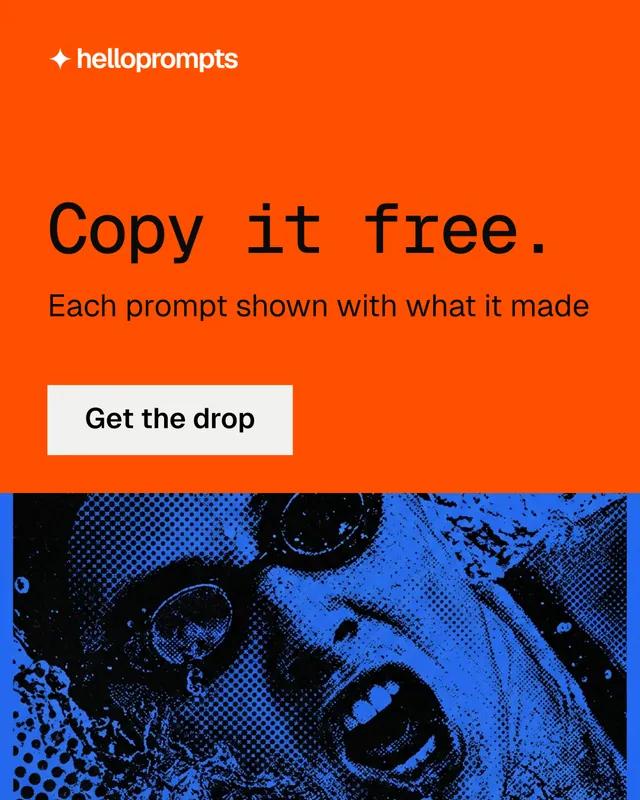 Instagram portrait post for HelloPrompts: "Copy it free." Split block style, skeleton layout, dark palette in orange, black, grey.