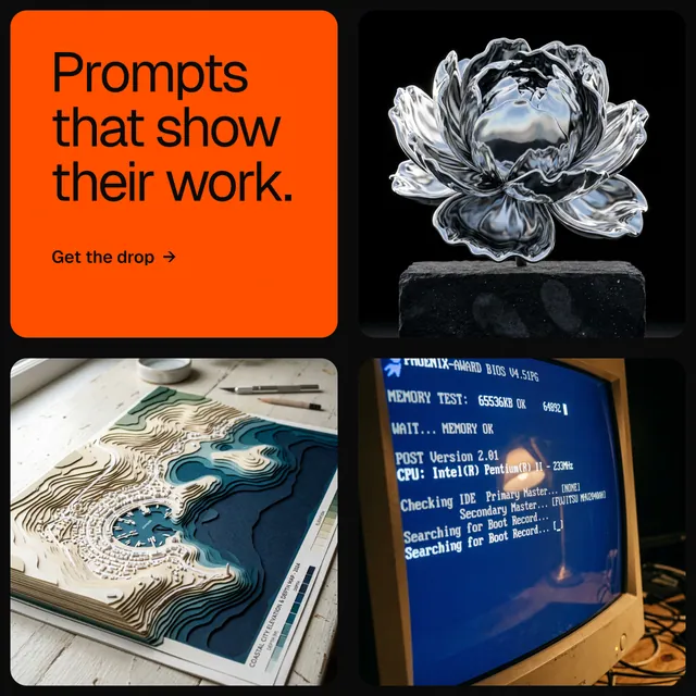 Instagram post for HelloPrompts: "Prompts that show their work." Agentic glass style, collage layout, dark palette in grey, blue, black.