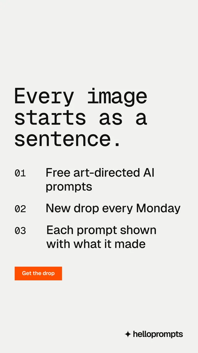 Instagram story for HelloPrompts: "Every image starts as a sentence." Swiss style, numbered layout, light palette in white, grey.
