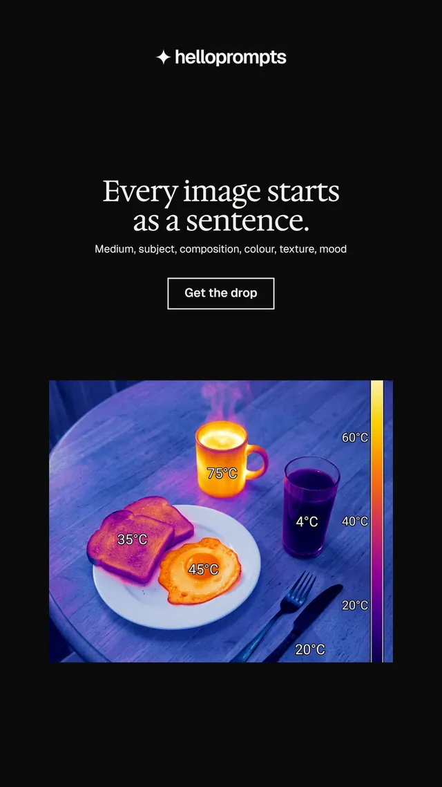 Instagram story for HelloPrompts: "Every image starts as a sentence." Editorial style, centred layout, dark palette in black, blue.