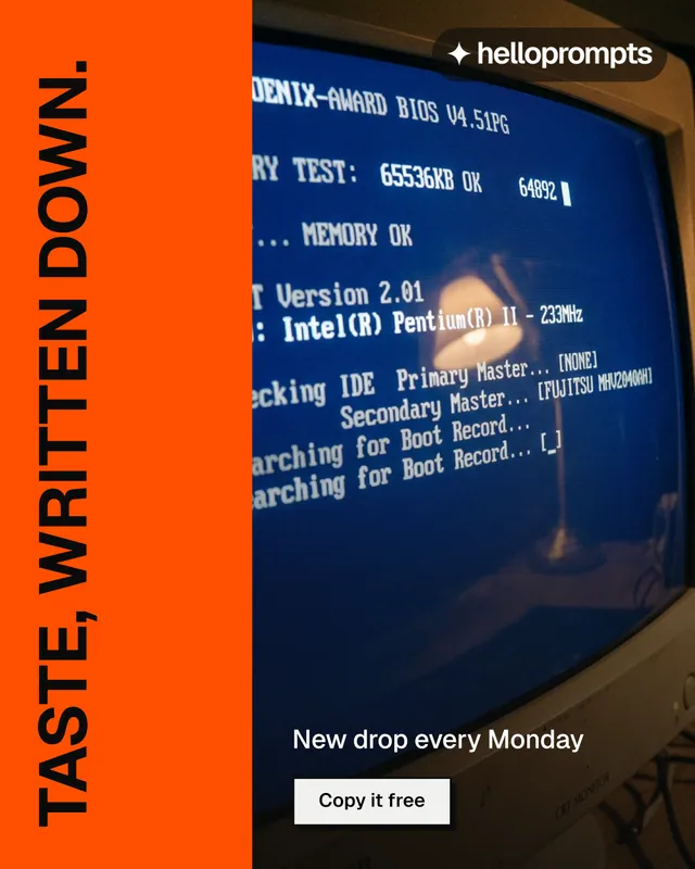 Instagram portrait post for HelloPrompts: "Taste, written down." Brutalist style, vertical layout, dark palette in blue, orange, black.