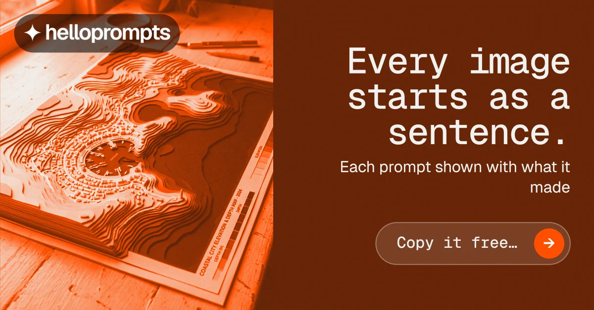 Social ad for HelloPrompts: "Every image starts as a sentence." Agentic glass style, right layout, dark palette in orange.